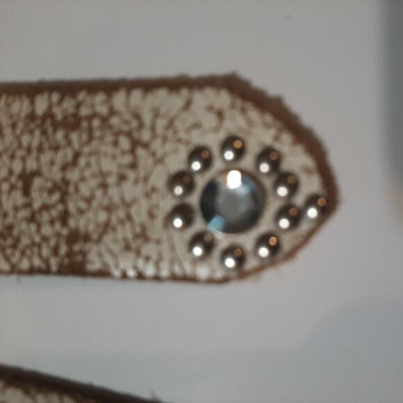White Crackled Genuine Leather Womens Gem Studded Belt One Size - Picture 6 of 6